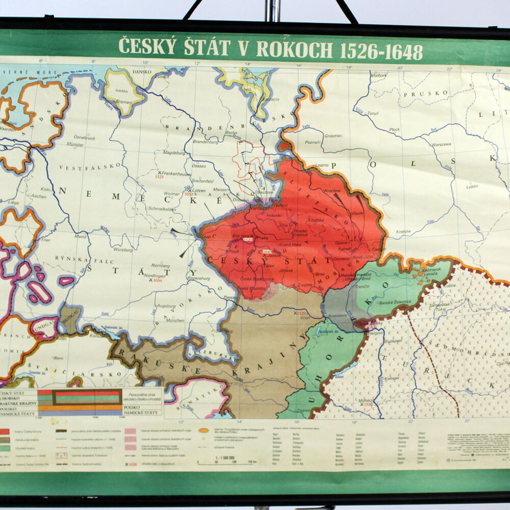 Vintage school map of czech state, czechoslovakia 1960s