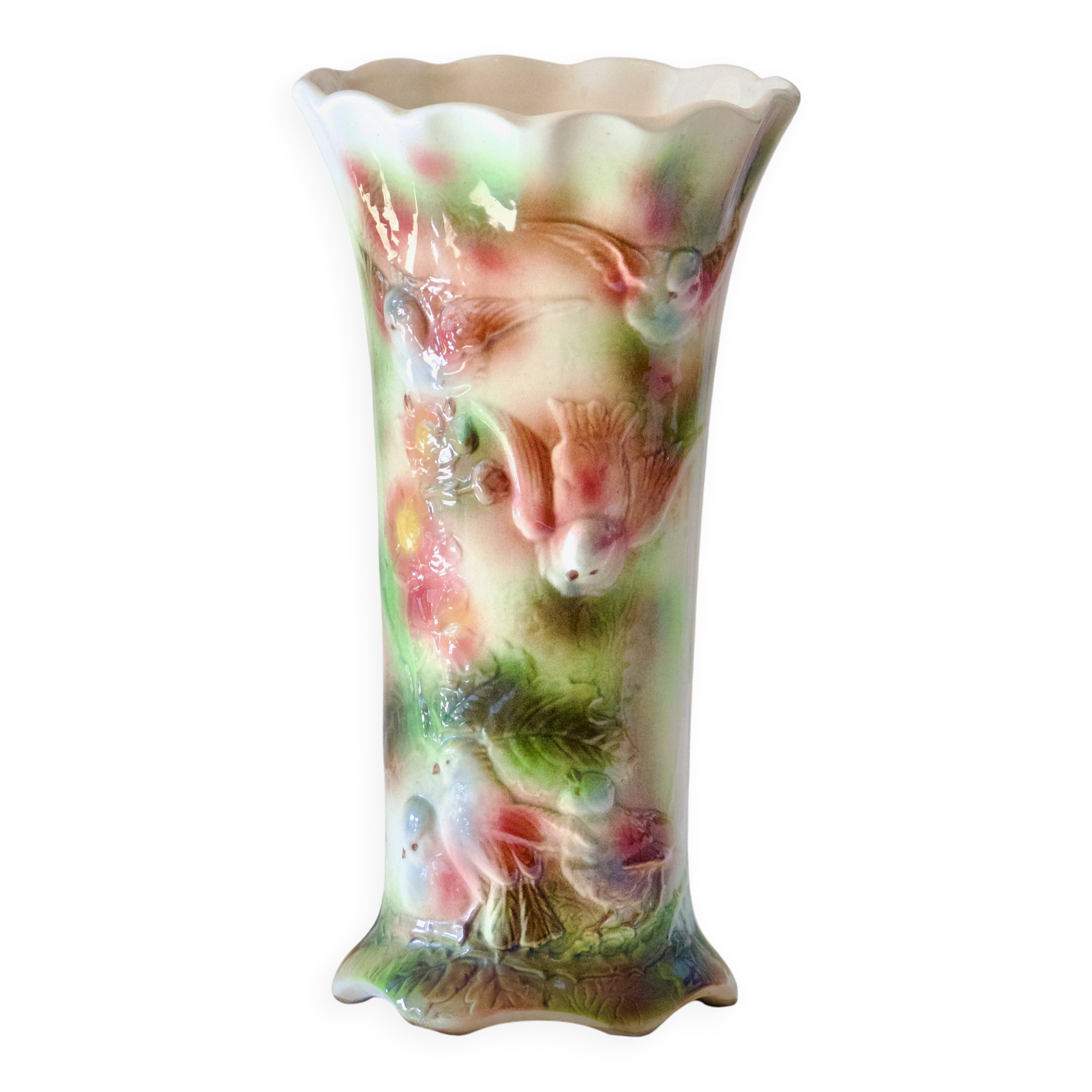 Antique Saint Clément slip roller vase with bird decor