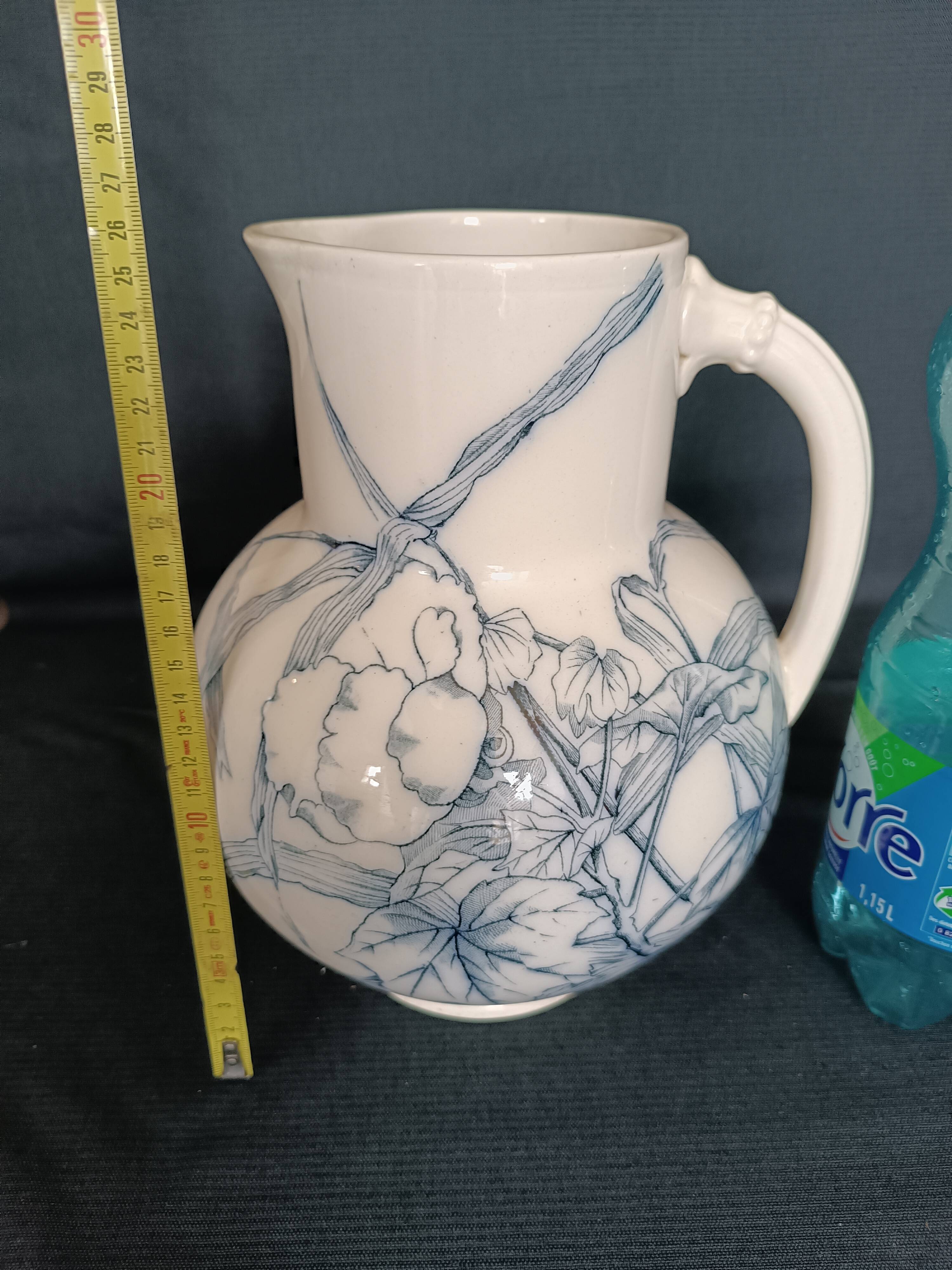 Pitcher jug vase earthenware floral decor blue early 20th century