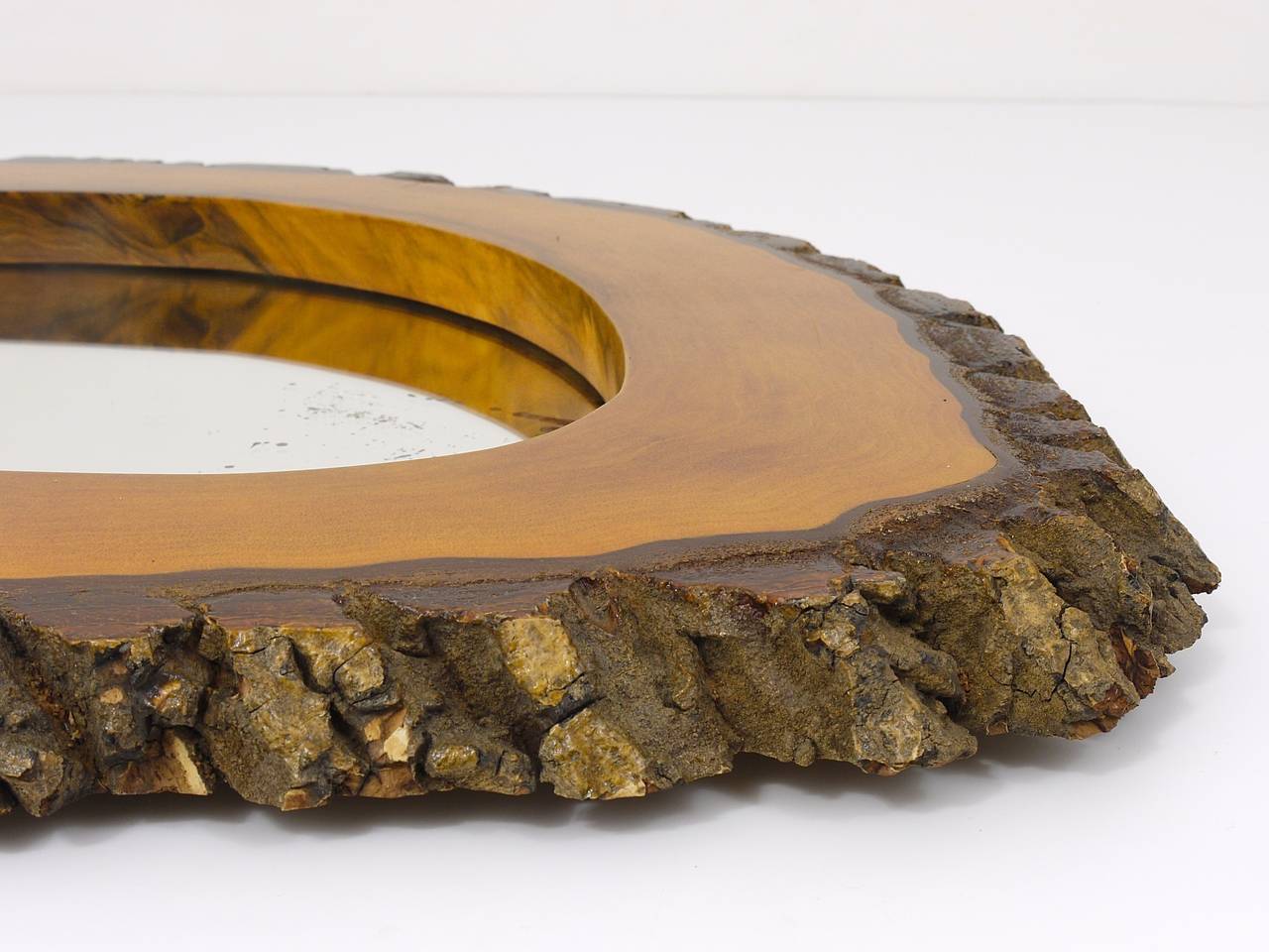 Wall mirror tree trunk in walnut, Carl Aubock modernist style, Austria, 1950s.