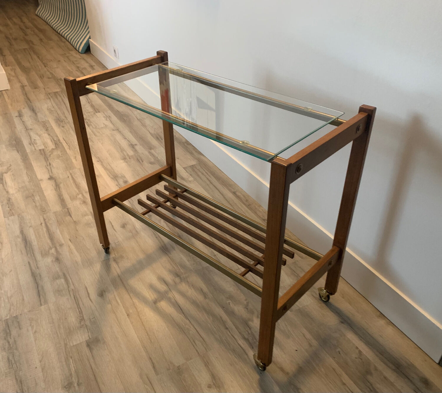 Danish trolley on wheels, teak, brass and glass