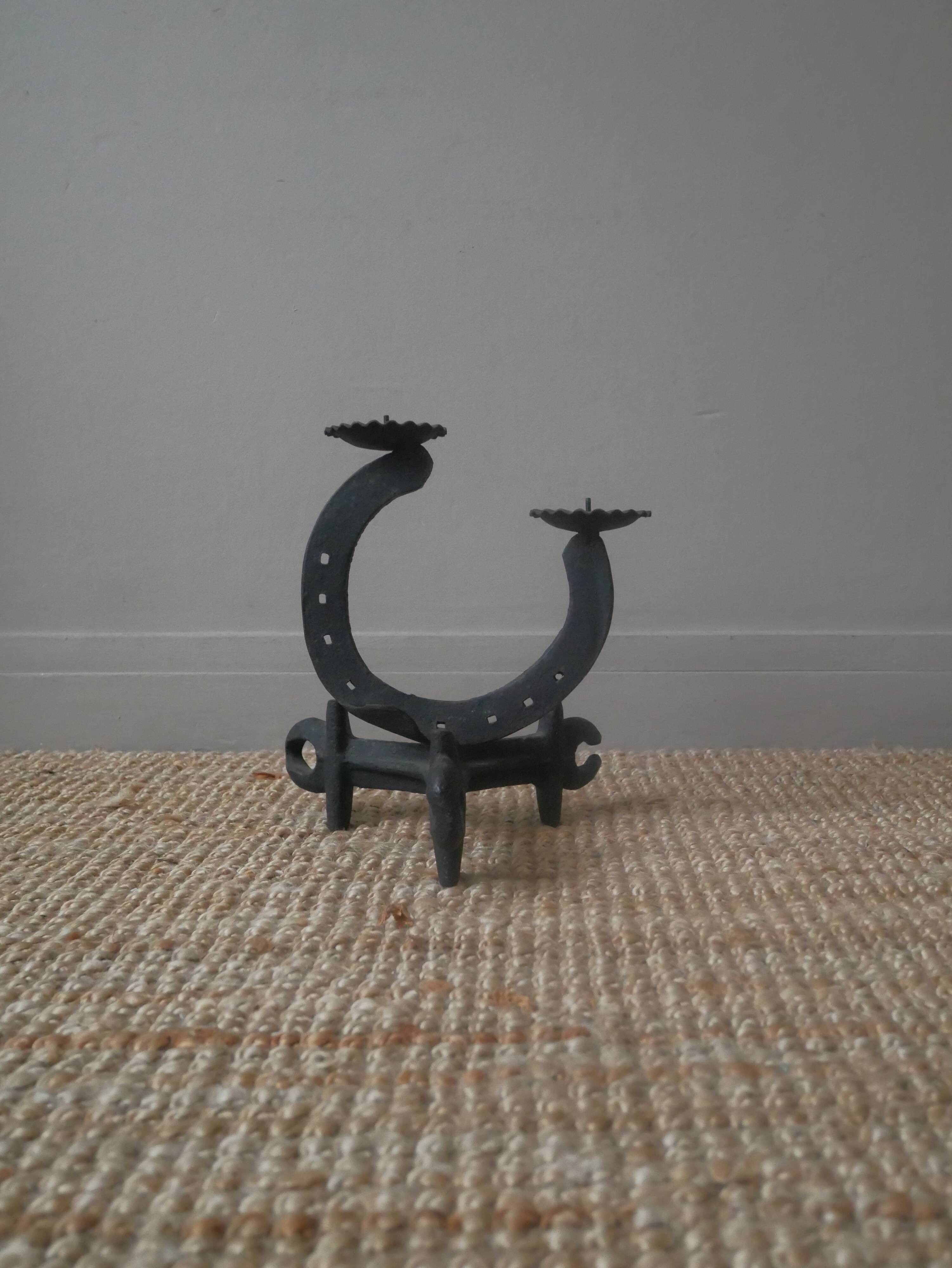 Cast iron ironwork candle holder horseshoe candlestick candelabra artisanal brutalist decoration