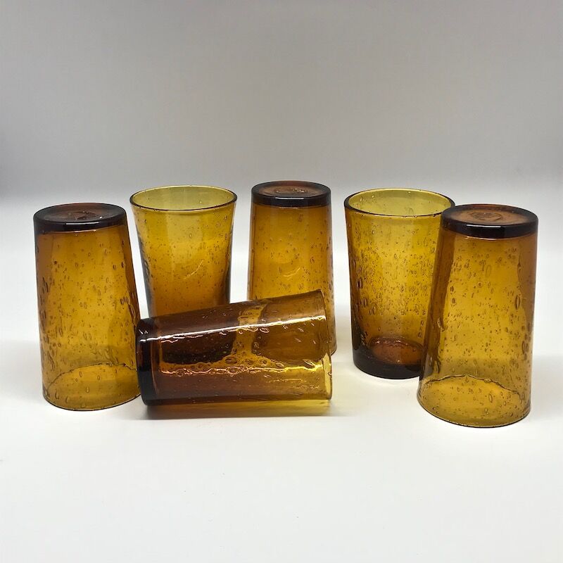Set of 12 ochre oiglasses in bubbled blown glass