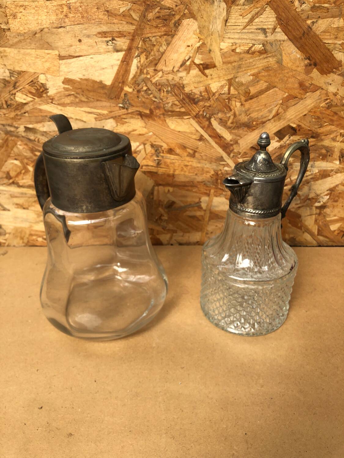 Pair of cast glass & vintage metal refresher pitcher