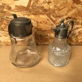 Pair of cast glass & vintage metal refresher pitcher