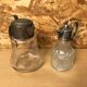 Pair of cast glass & vintage metal refresher pitcher