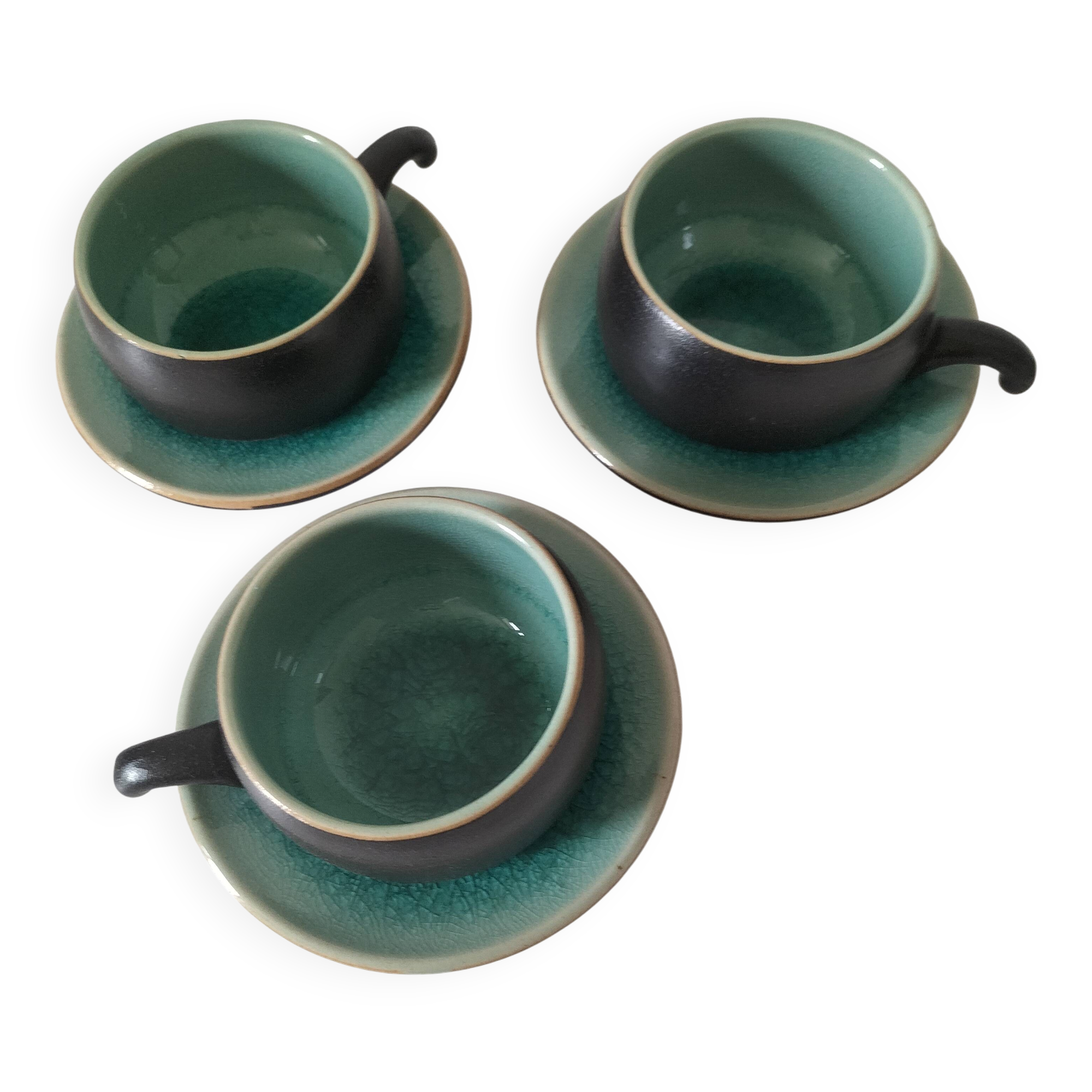 Set of three ceramic cups and saucers – crackled turquoise glaze