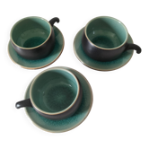 Trio tasses et soucoupes en céramique – émail turquoise craquelé