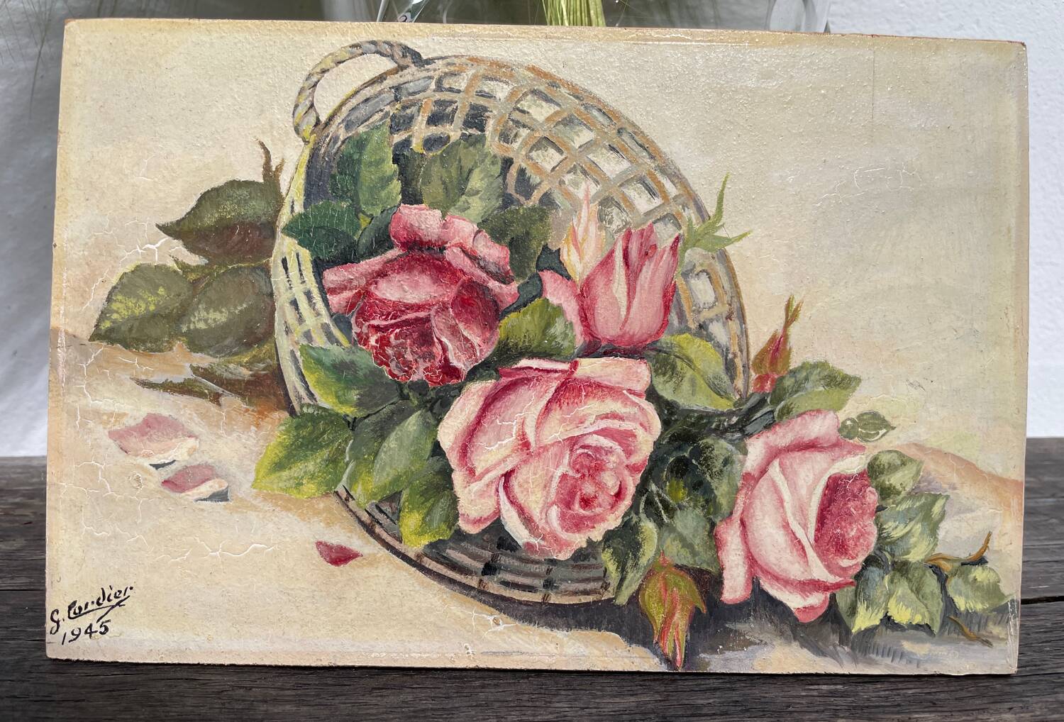 Painting basket of roses bouquet 1945 signed