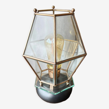 Table lamp in brass and veneers in beveled glass