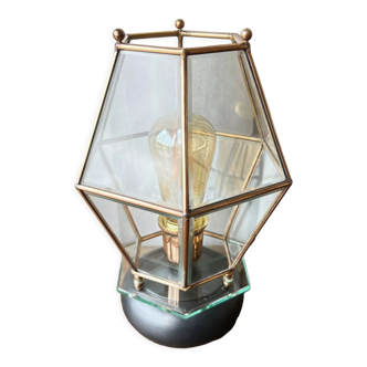 Lampe à poser en laiton et facettes en verre biseauté