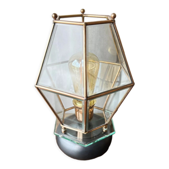Table lamp in brass and veneers in beveled glass