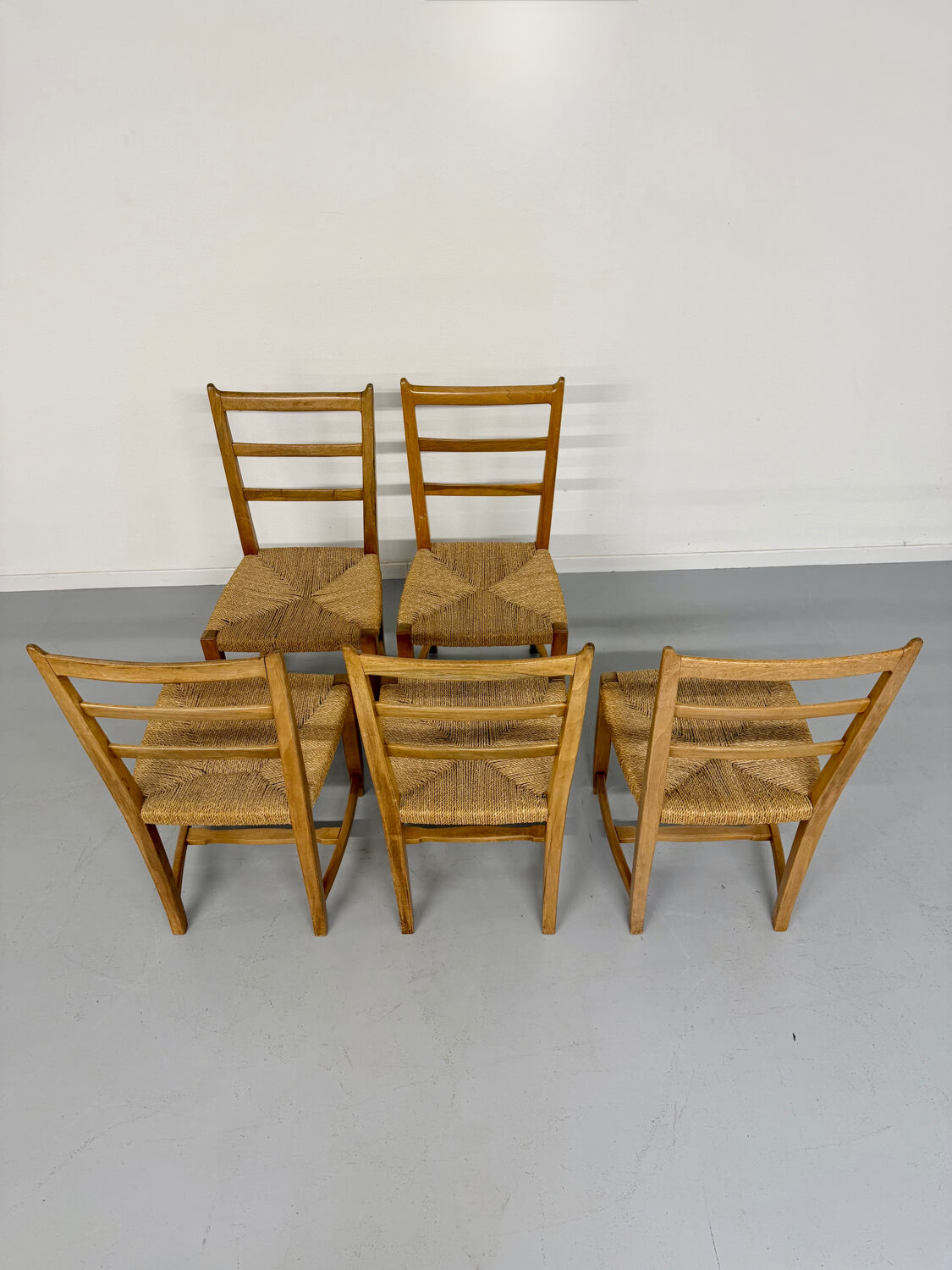 Set of 5 wooden chairs with rope seats, Scandinavian design, 1970s