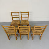 Set of 5 wooden chairs with rope seats, Scandinavian design, 1970s