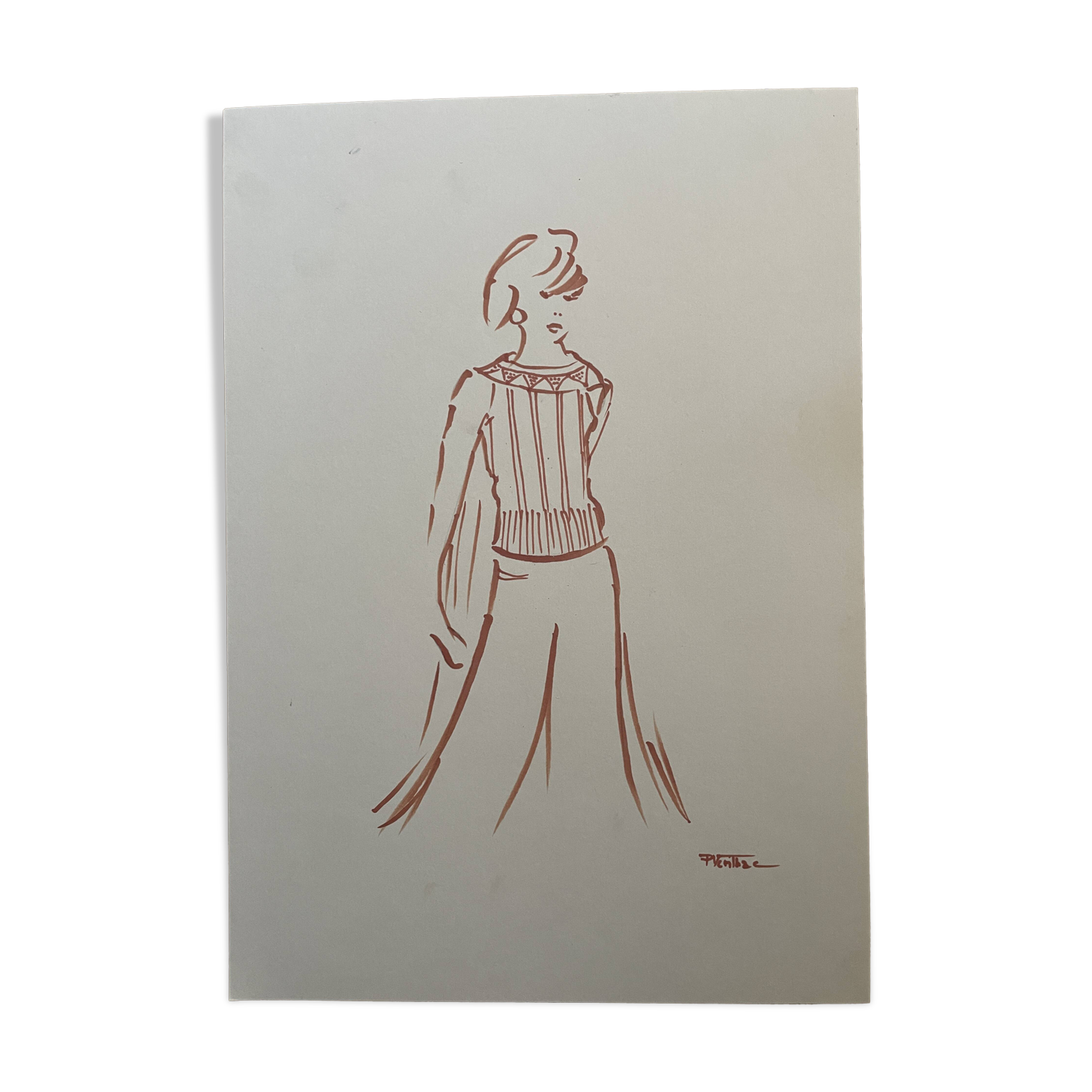 Painting signed in ink fashion engraving "study of a woman's sweater model"