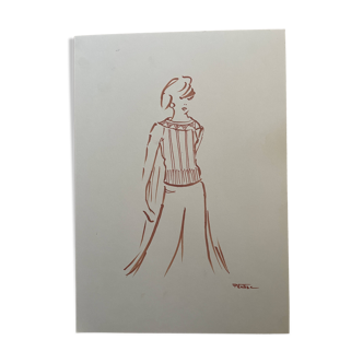 Painting signed in ink fashion engraving "study of a woman's sweater model"