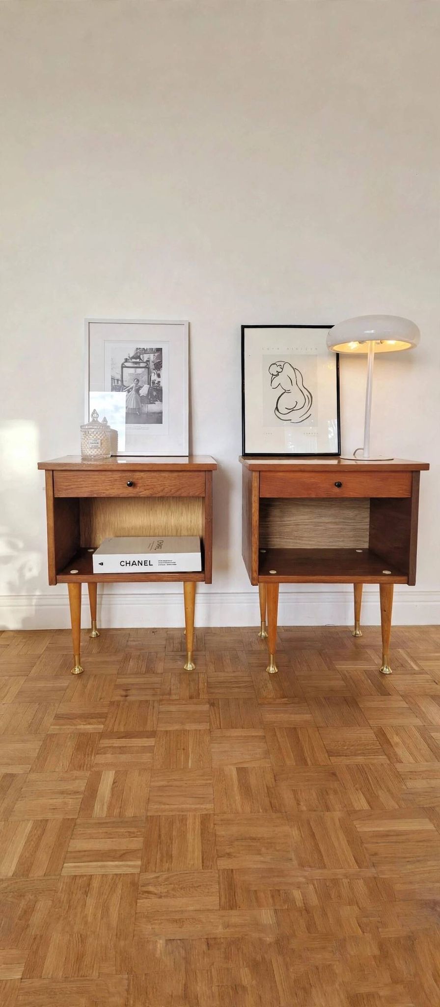 Pair of Vintage Mid-Century Nightstands in Walnut & Brass - 8 Bell Feet -