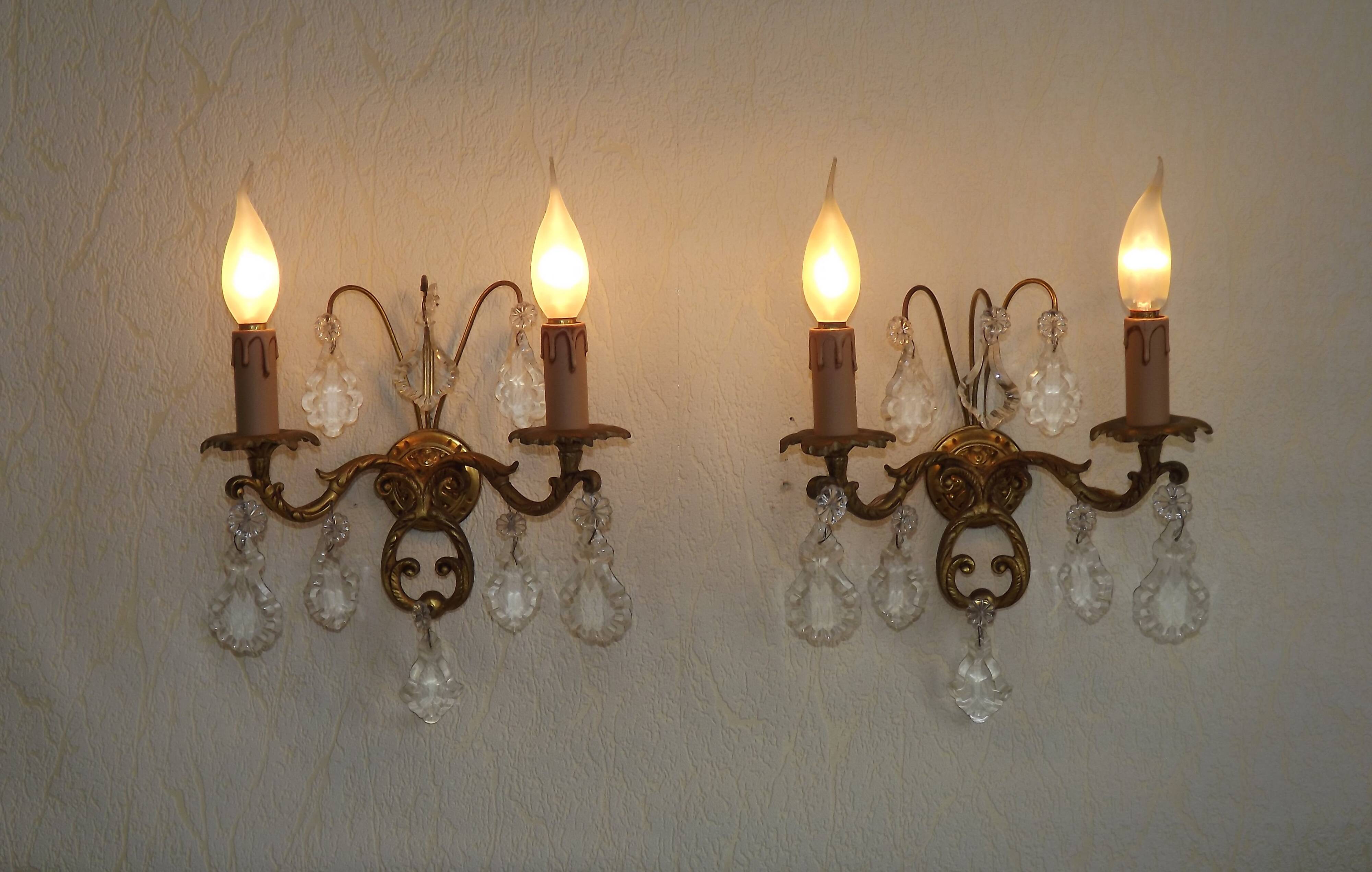Pair of French Vintage Bronze Double Wall Lights Assorted Crystals 5331