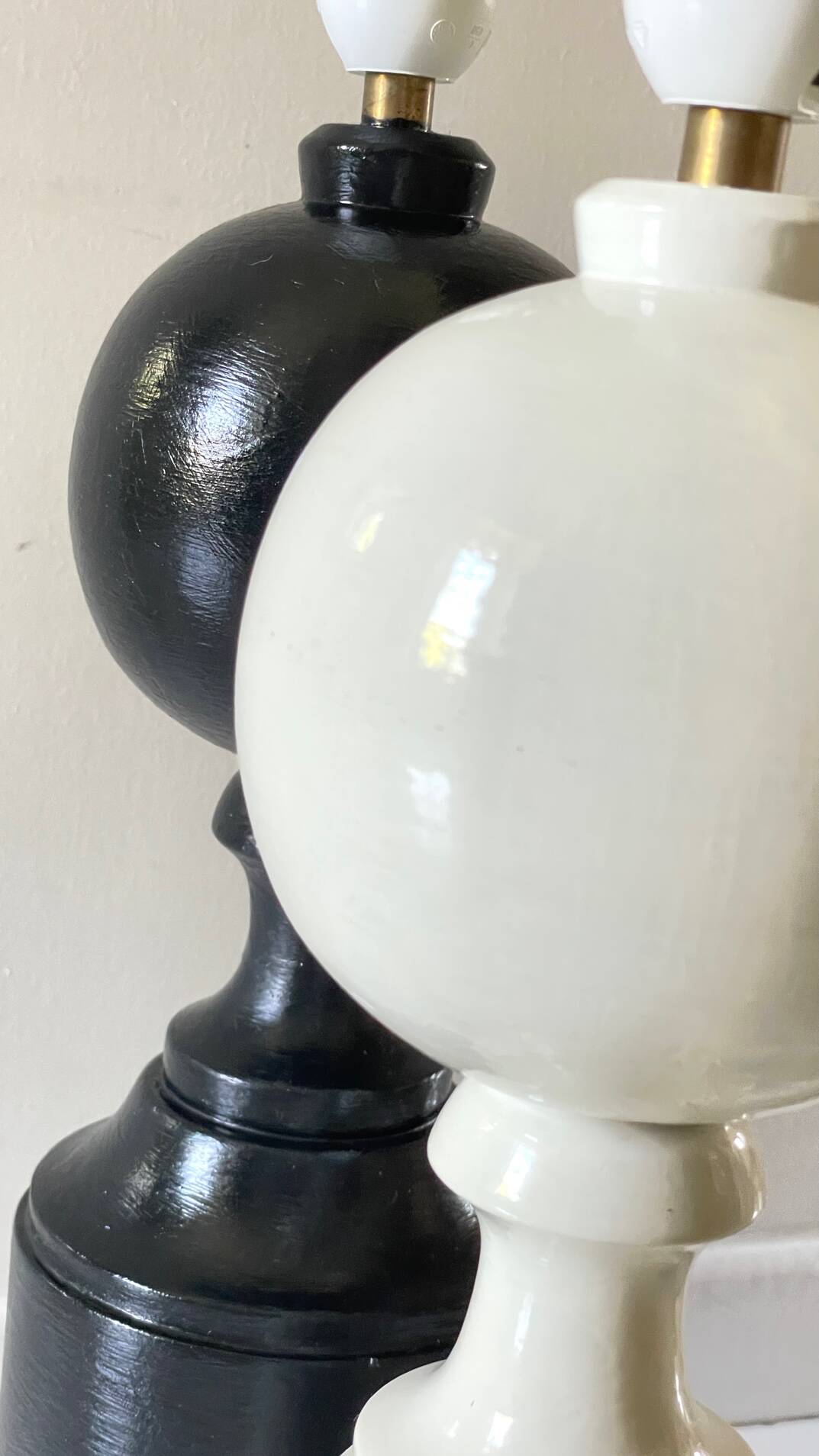 2 large black and white turned wood vintage lamp bases.