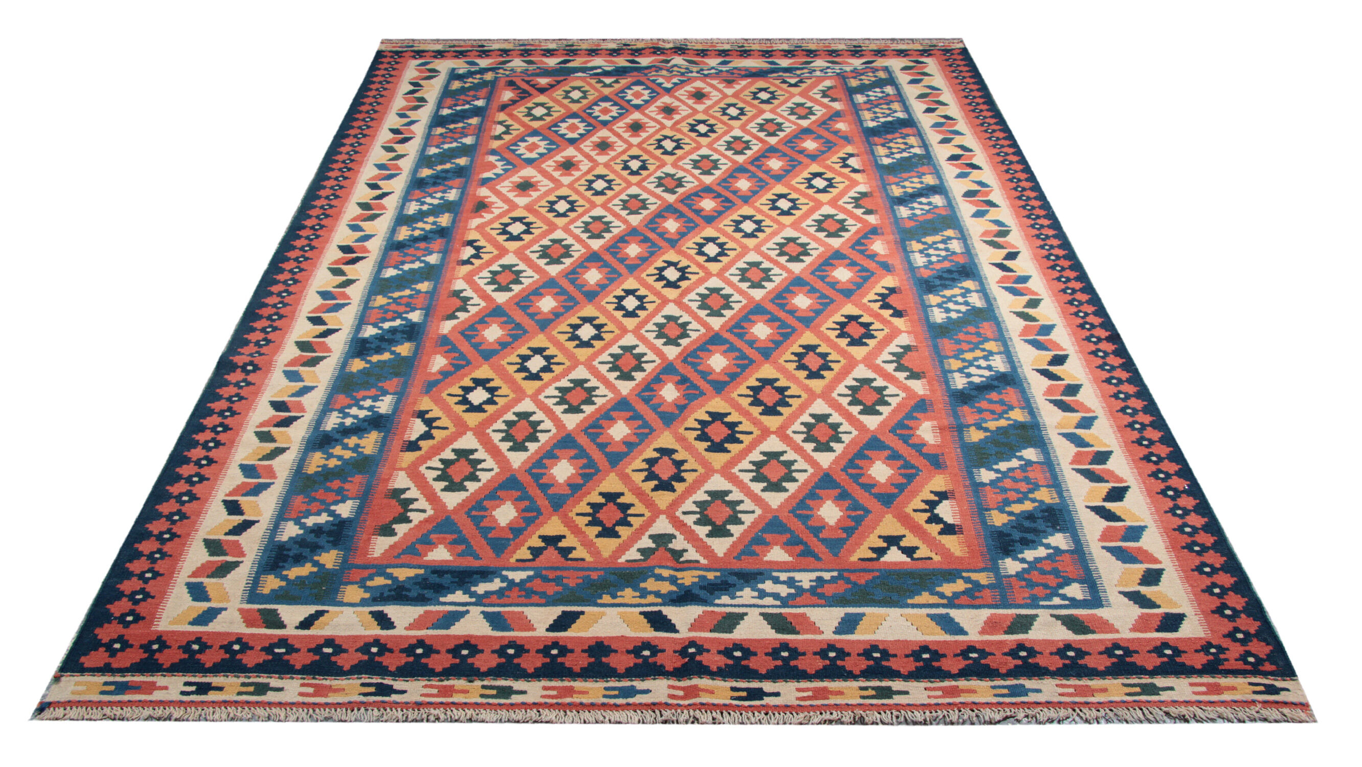 Persian kilim, handwoven oriental qashqai flat woven wool rug- 207x296cm