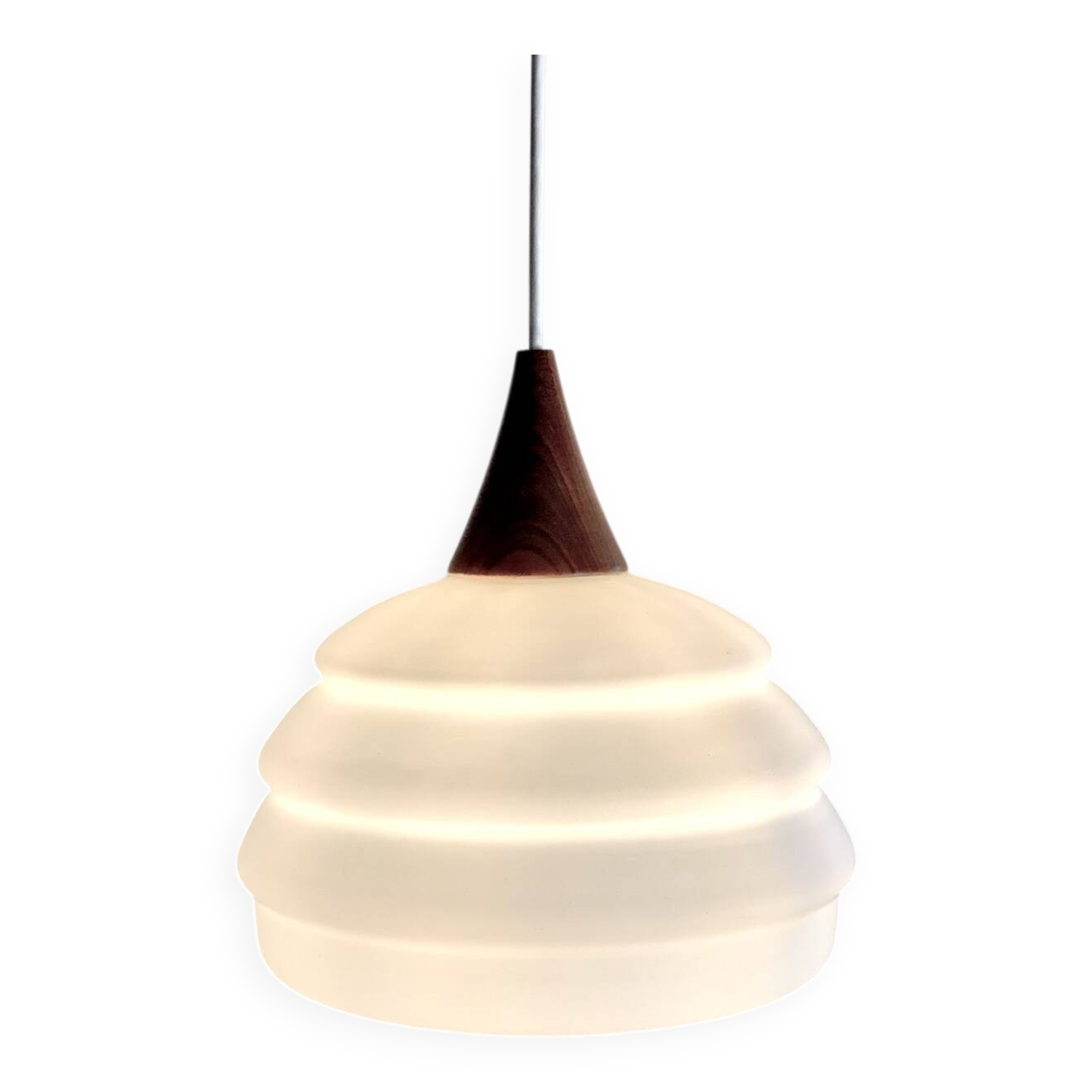 Scandinavian teak and opaline pendant light by Louis Kalff for Philips in 1968