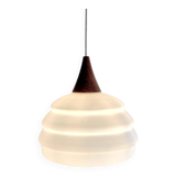 Scandinavian teak and opaline pendant light by Louis Kalff for Philips in 1968