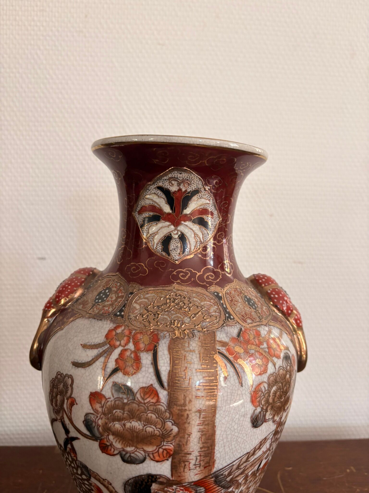 Satsuma Vase Japan Ceramic Bird Peony Meiji 30cm