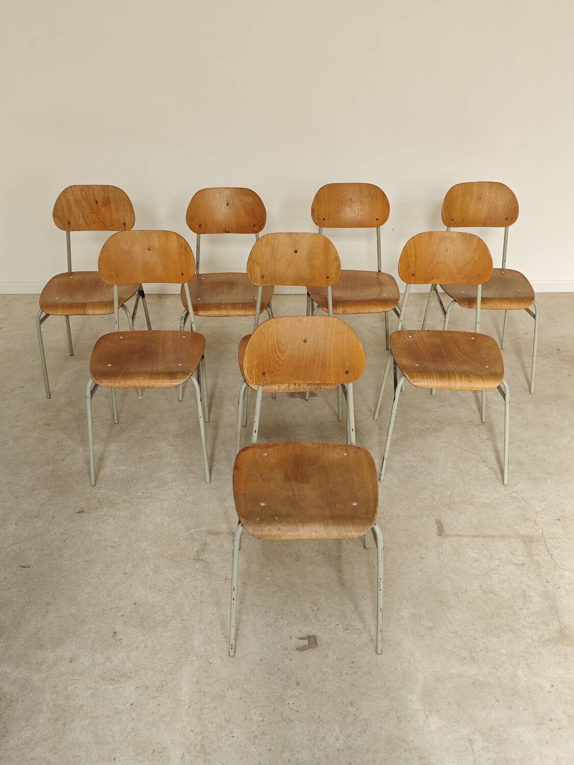 Set of 8 metal and wood school chairs  
Former Czechoslovakia 1960