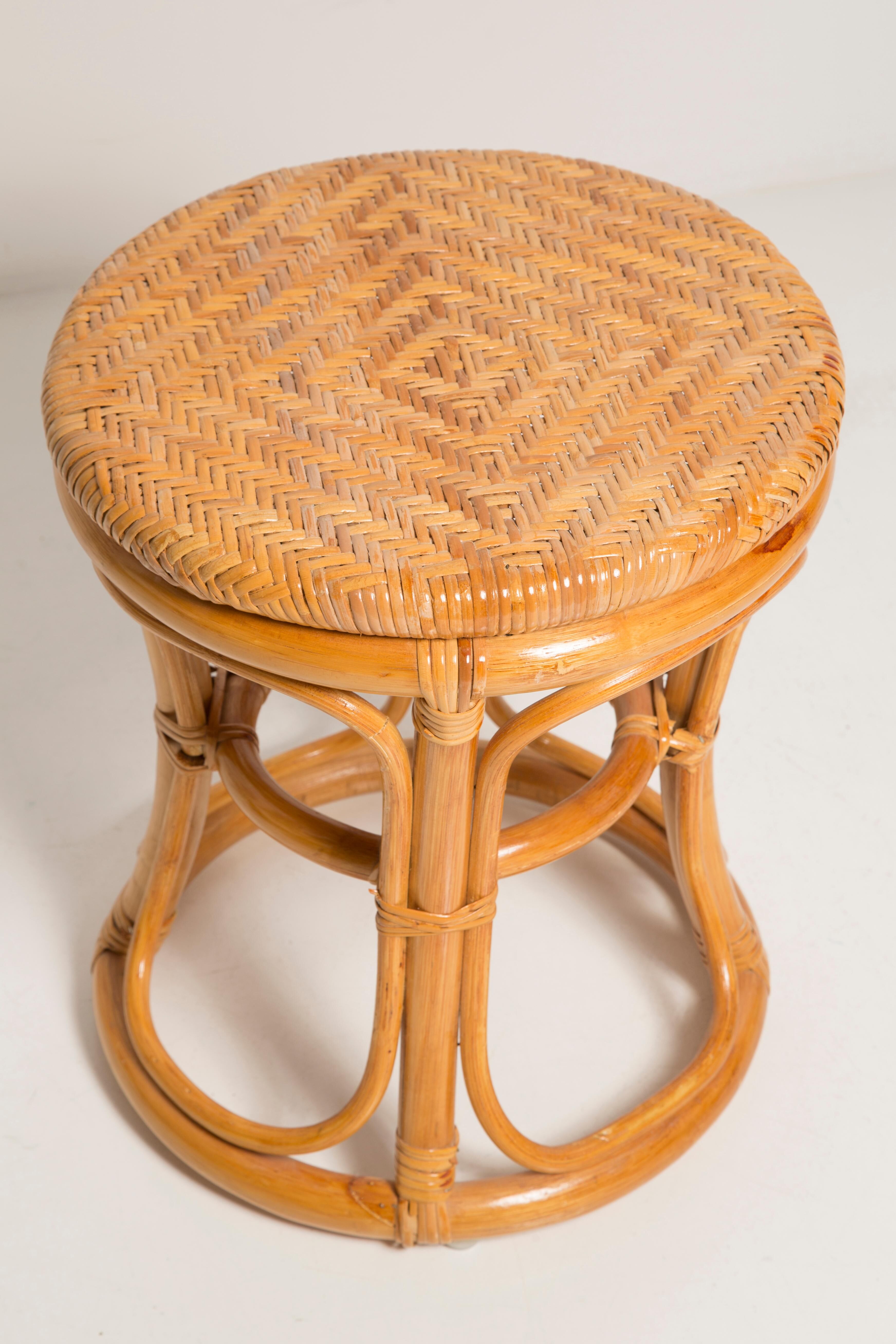 Unique mid-century hand-painted rattan and wood base, stool and side table, Germany, 1970s.