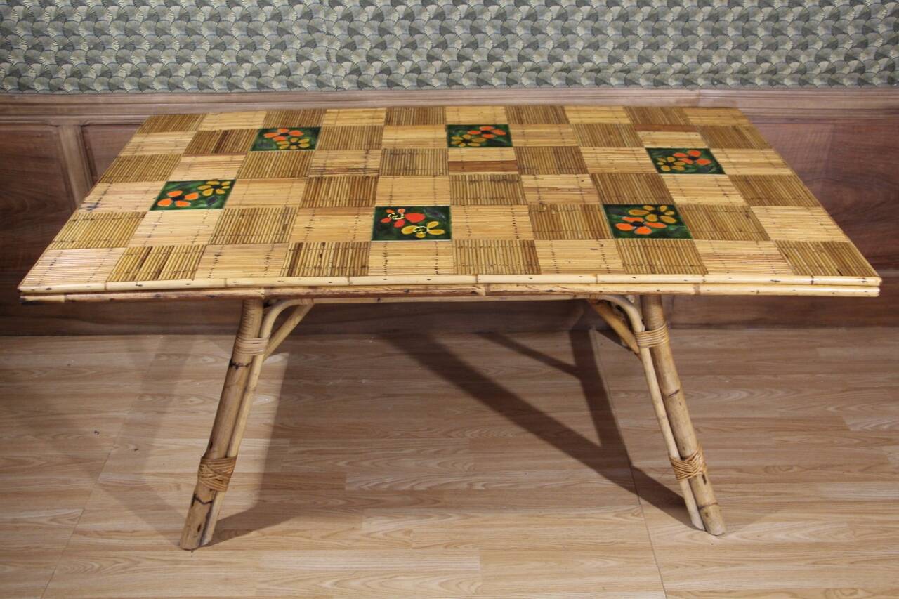 Rattan And Ceramic Dining Room Table Audoux Minnet attribution