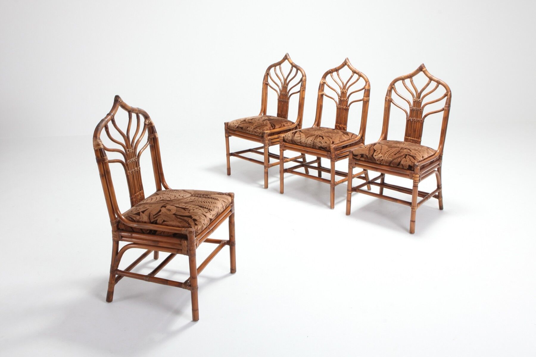 Set of bamboo lounge chairs with Italian 1960 floral cushions