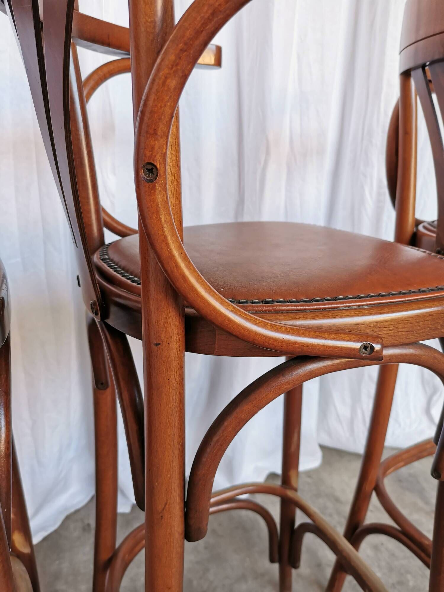 Set of 4 Vintage Bentwood Bar Stools, Brown Leather Seat, Nailhead Trim