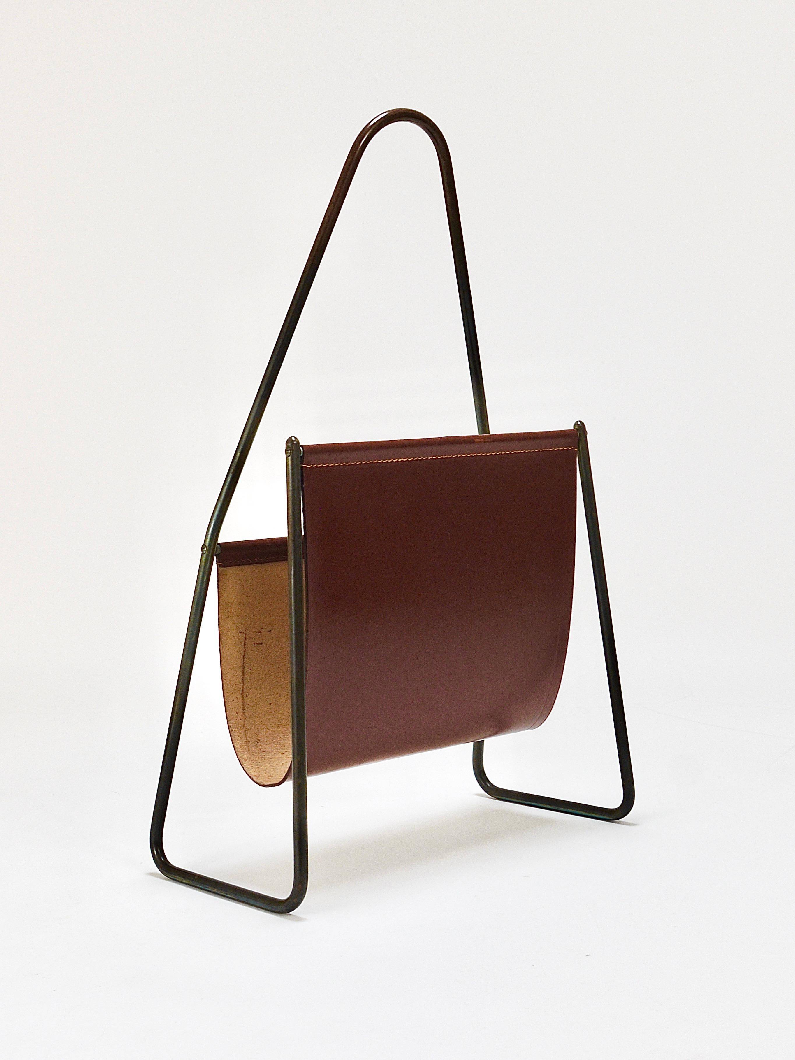 Carl Auböck II Magazine rack Midcentury, brass and brown leather, vintage, Austria