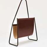 Carl Auböck II Magazine rack Midcentury, brass and brown leather, vintage, Austria