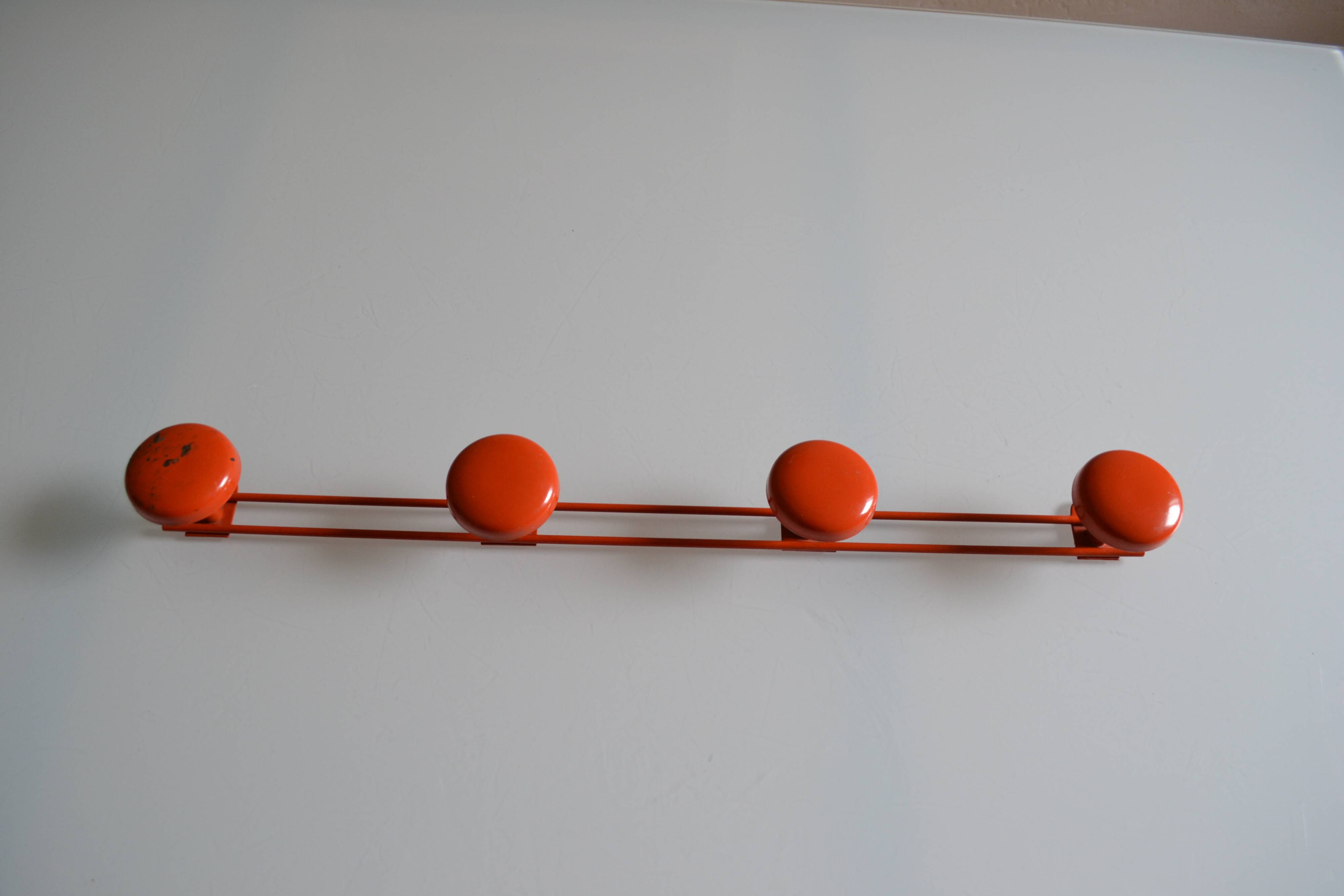 Vintage 70s orange lacquered metal 4-hook wall coat rack
