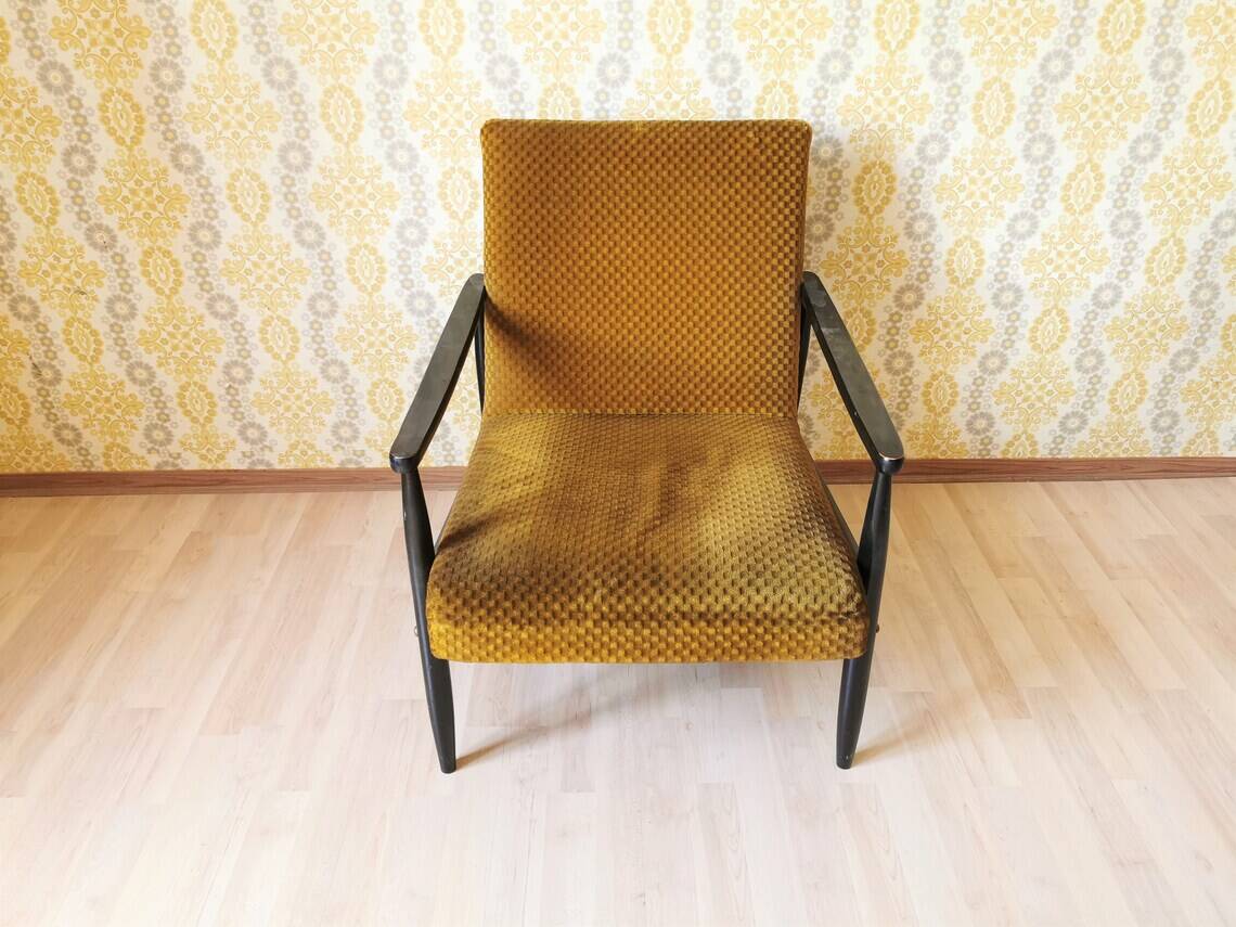 Vintage Yellow Fabric Armchair: Mid-Century Modern Lounge Chair