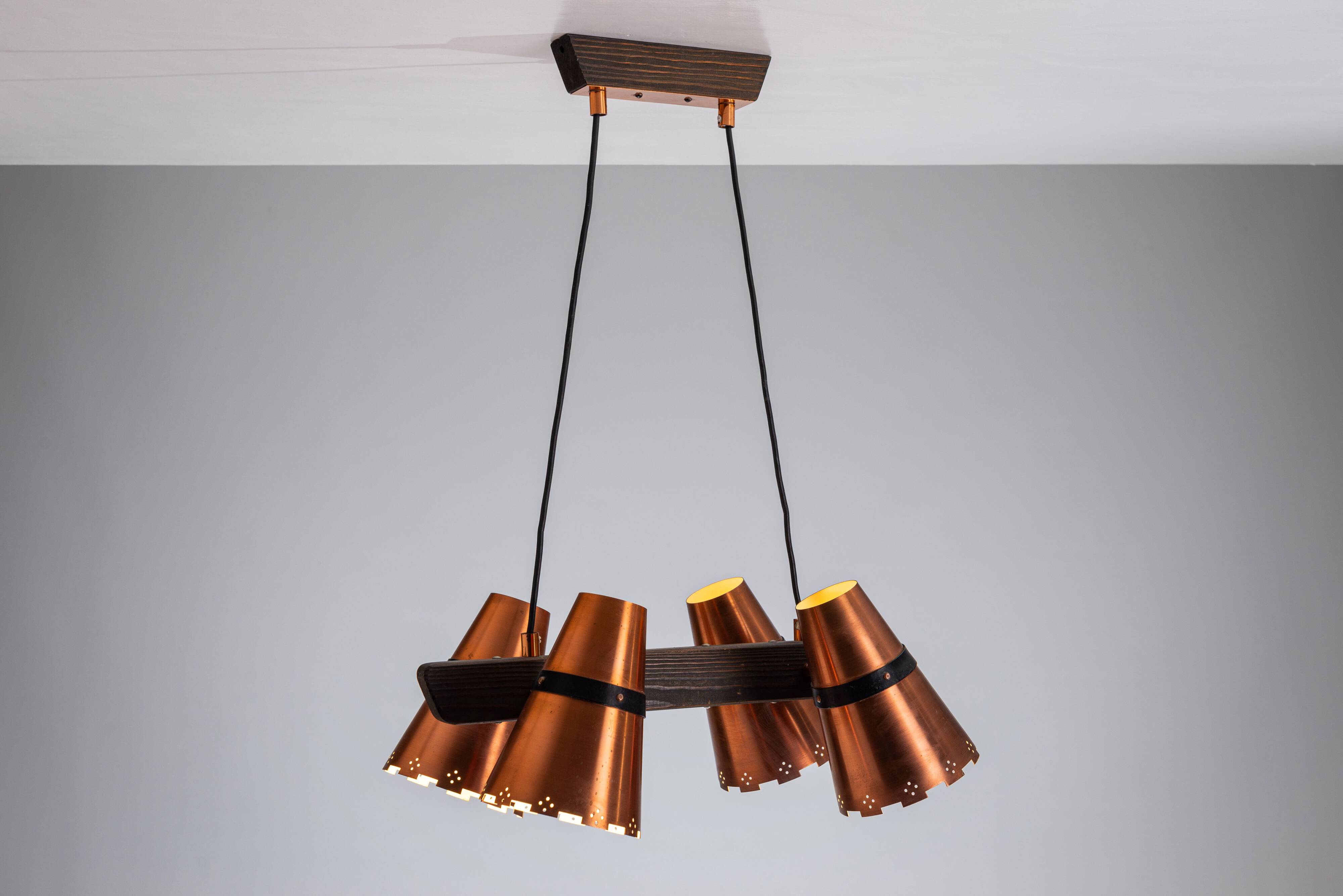 Ceiling lamp in dark stained wood with four brass shades, Sweden, 1960s