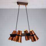 Ceiling lamp in dark stained wood with four brass shades, Sweden, 1960s