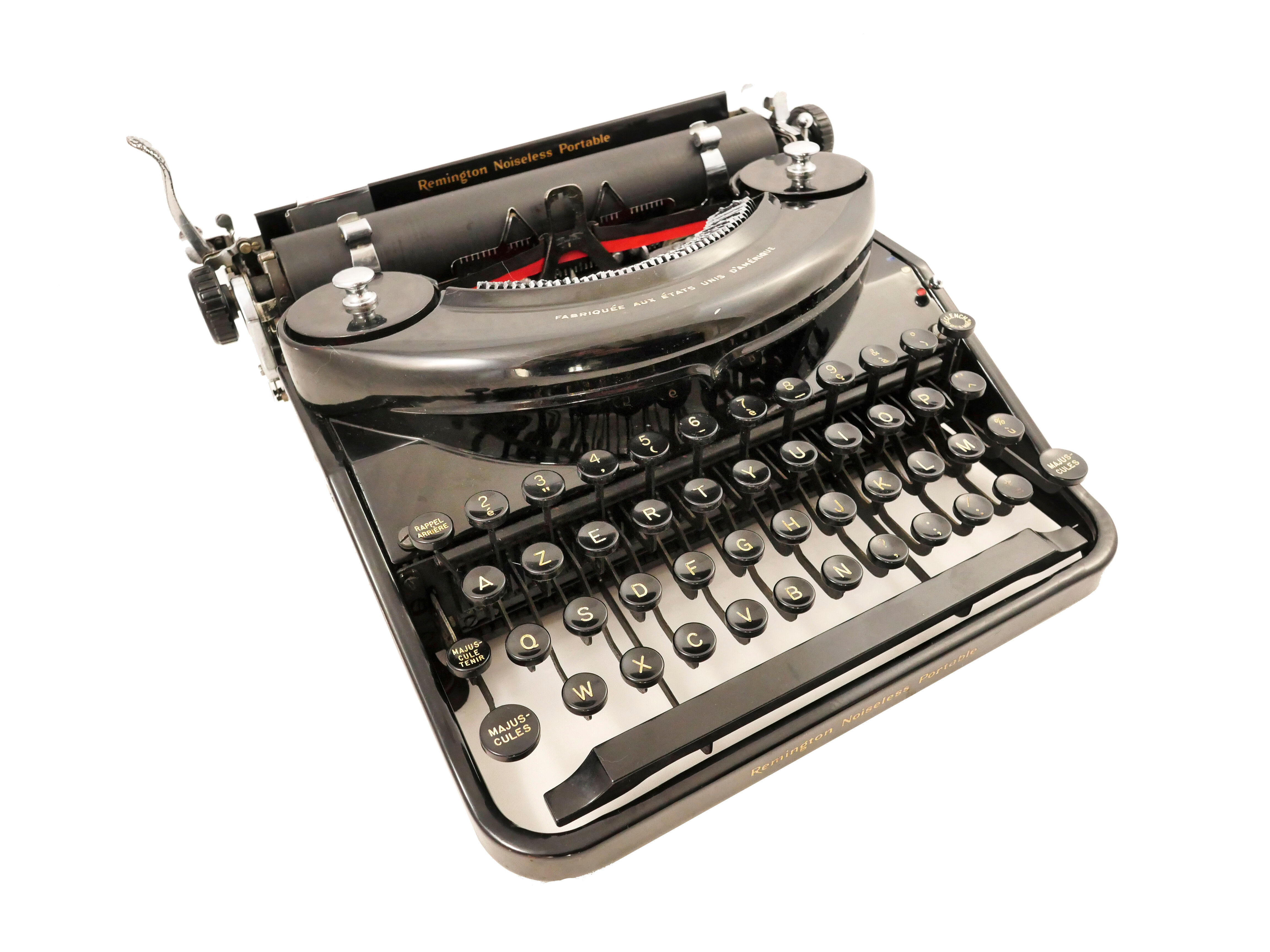 Machine à écrire Remington Noiseless portable noire de 1935 révisée ruban neuf