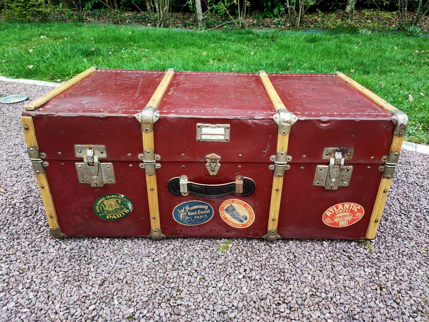 Old metal and wood travel trunk