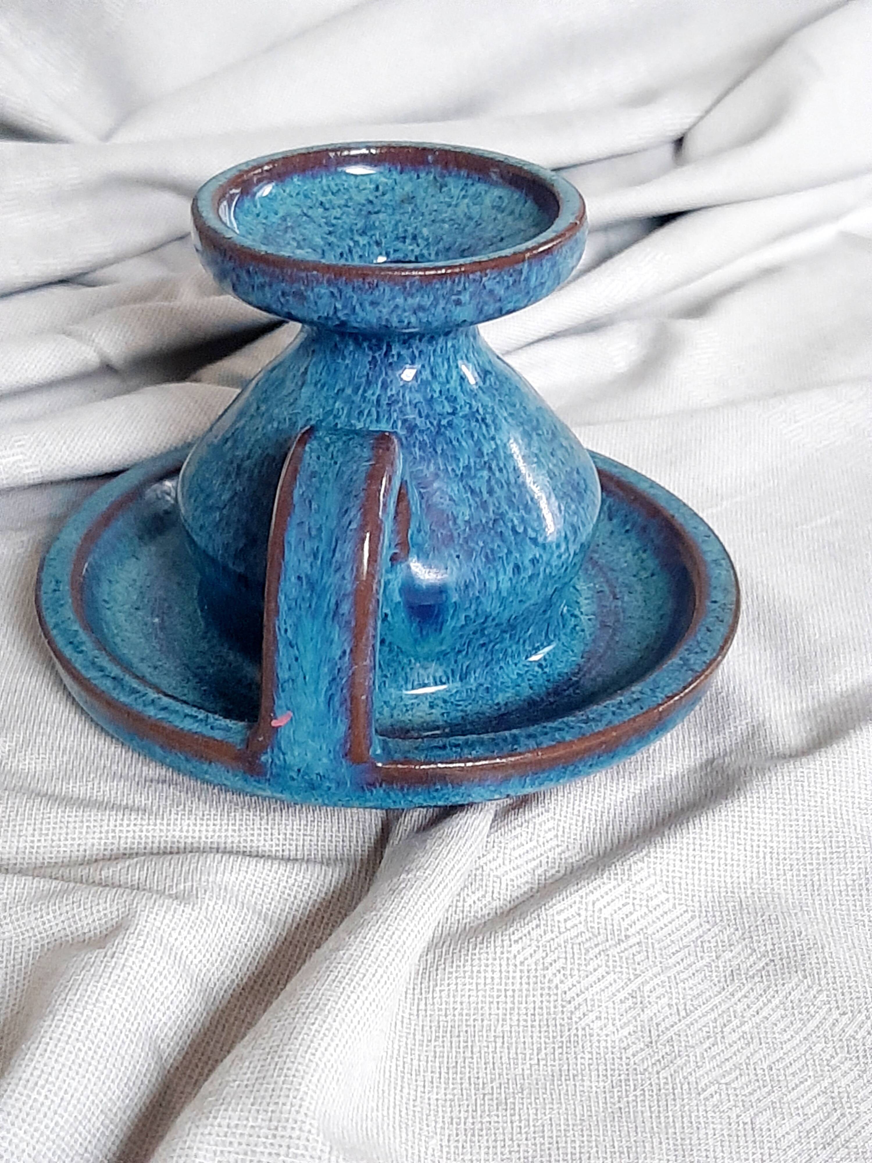 Blue stoneware candlestick signed Emile Masson