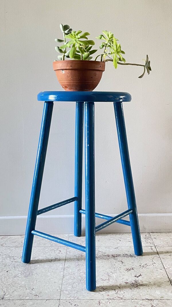 Tabouret vintage bois bleu electrique