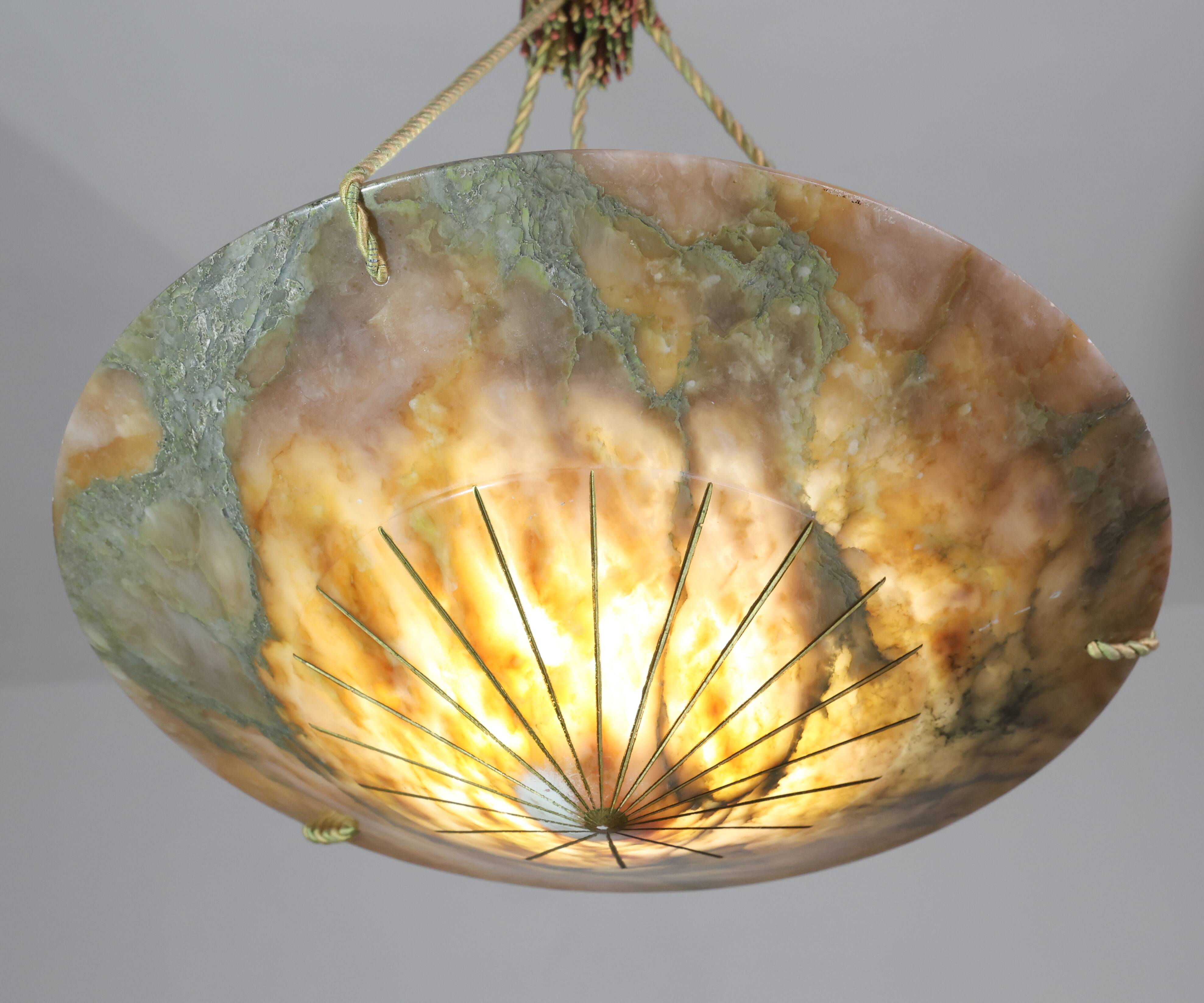 Extra Large Antique Art Decò Liberty Alabaster Chandelier, 1940s