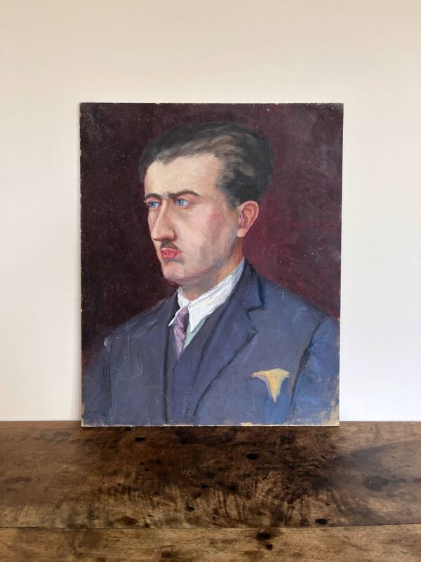 Peinture ancienne huile sur carton portrait homme en costume bleu