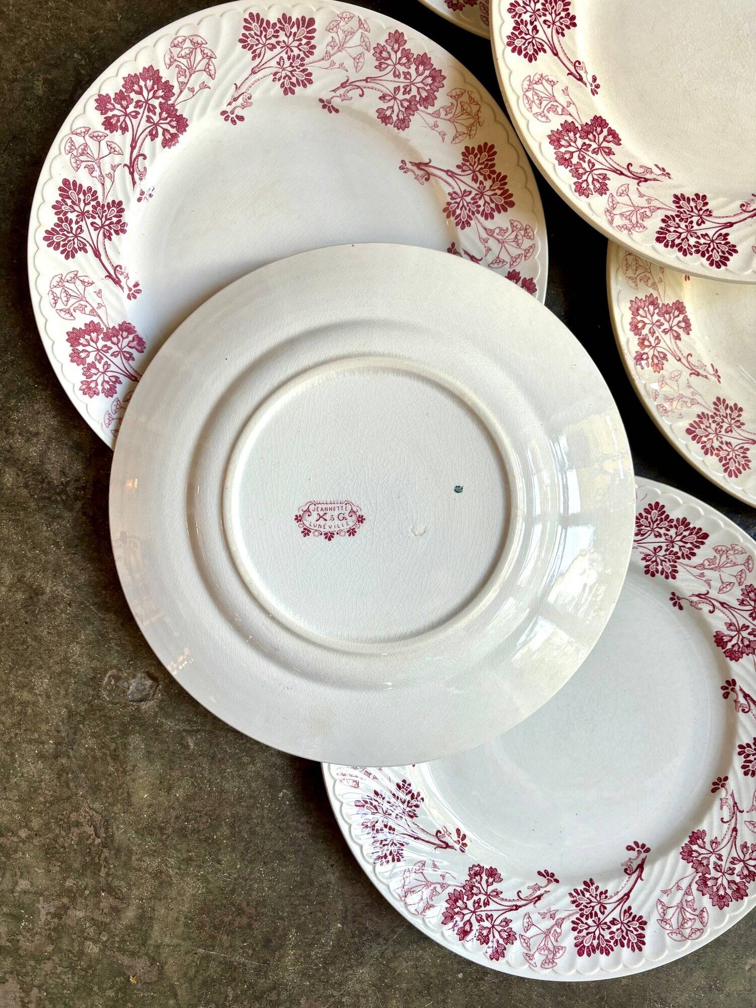 6 Lunéville flat plates in pink ironstone, "Jeannette" service