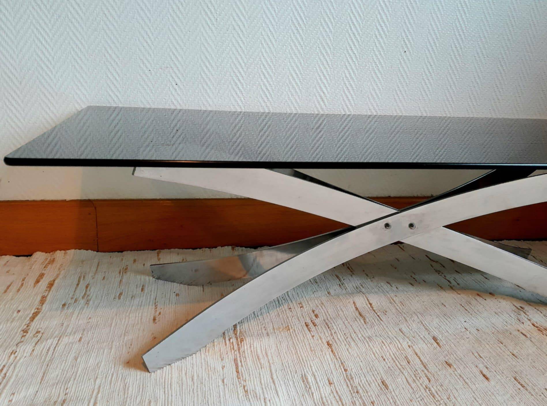 Table basse space age acier et verre fumé