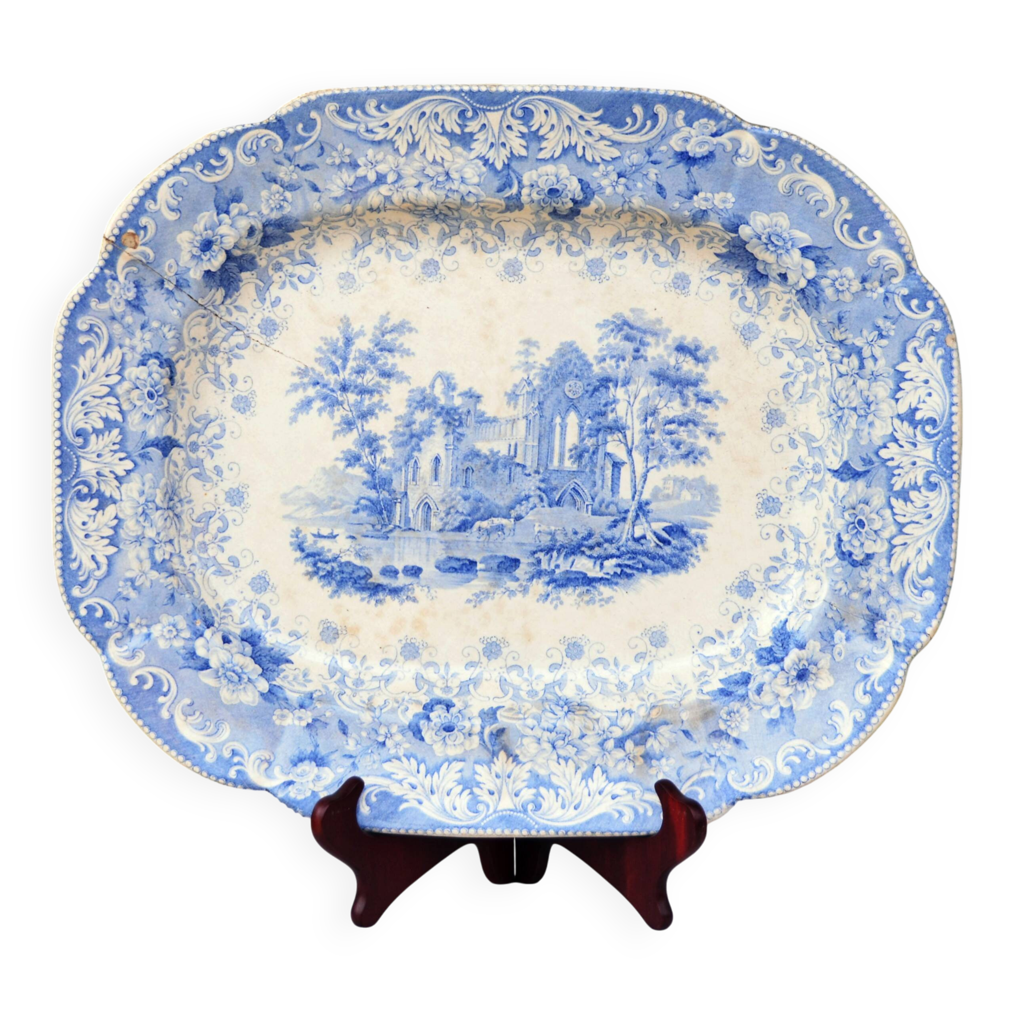 Large Decorative Platter Blue Transferware with Abbey Ruin early 19th C.