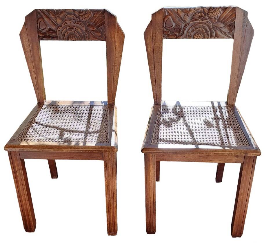 Art deco style chairs carved varnished wood honey brown color 1940