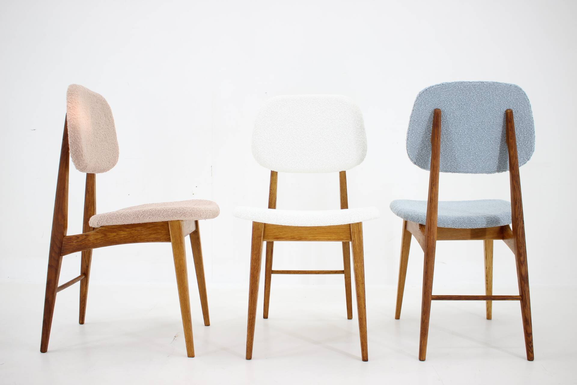 1960s Set of Three Oak Dining Chairs in Boucle, Czechoslovakia