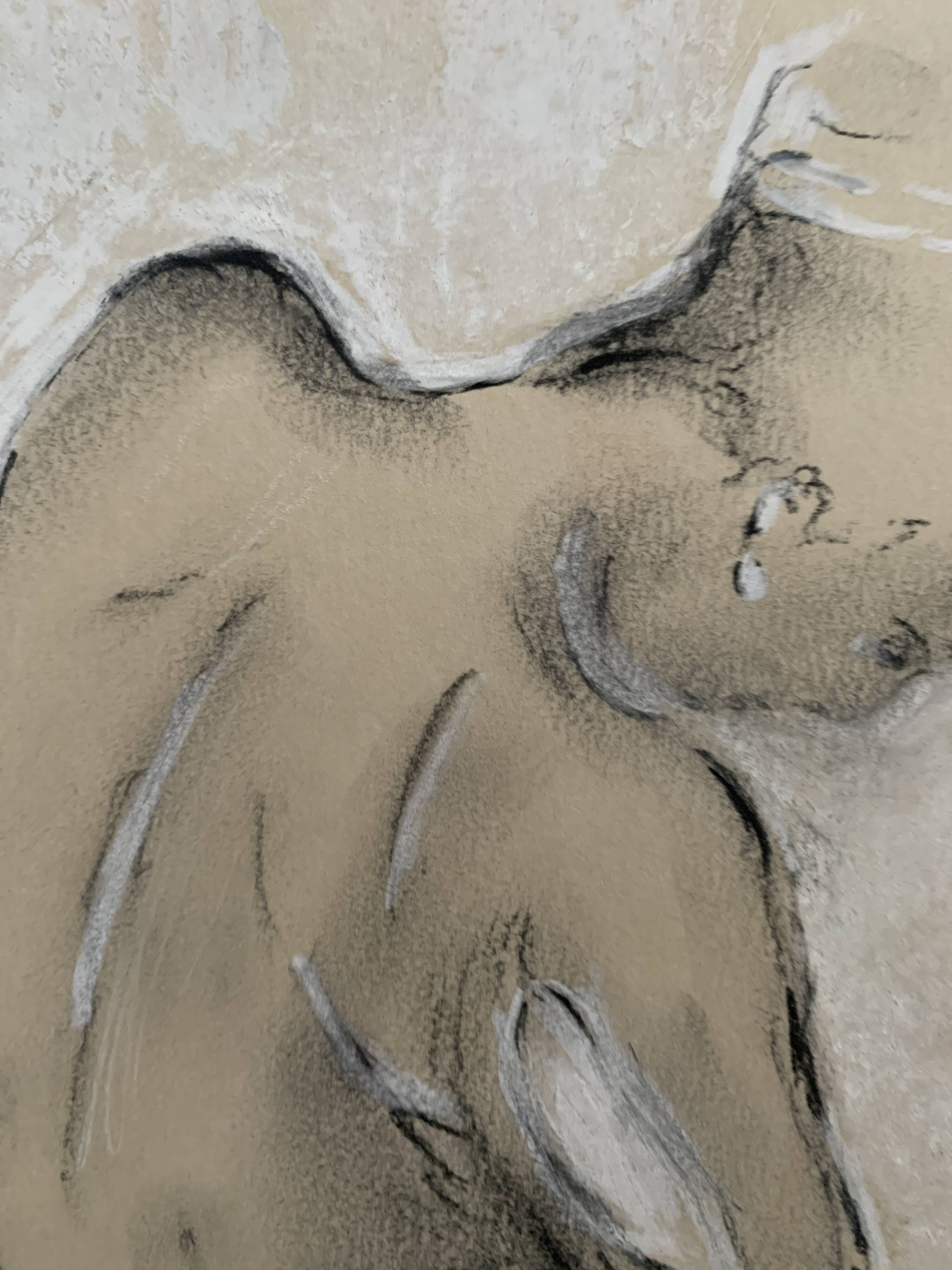 Signed charcoal pastel white portrait of a woman "the white towel"